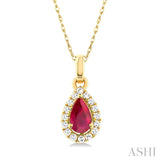 Yellow Gold Pear Cut Ruby and Diamond Halo Necklace