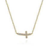 14K Yellow Gold .07Carat TW Diamond Sideways Cross Curved Necklace