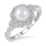 Sterling Silver Freshwater Pearl and Diamond Ring w/ 0.05 Carat TW