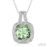 Sterling Silver 10MM Cushion Shape Green Amethyst and Diamond Pendant, 0.05Carat TW