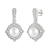 White Gold Diamond and Pearl Dangle Earrings