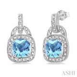 Sterling Silver 8MM Cushion Blue Topaz Diamond Earrings, 0.08Carat Tw