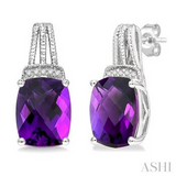 Sterling Silver 9x7 MM Amethyst and Diamond Earrings, 0.03Carat TW