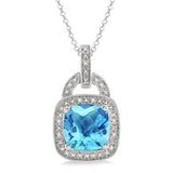 Sterling Silver 10x10 MM Cushion Shape Blue Topaz and Diamond Pendant, 0.05Carat TW