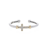 Italian Sterling Silver Diamond Cross Bangle w/ 14KY Accents & 0.30 ctw