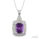 Sterling Silver 9x7 MM Cushion Shape Amethyst and Diamond Pendant, 0.10Carat TW