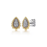 14K Two Tone Teardrop Shape Beaded Frame Diamond Stud Earrings w/ 0.16 ctw