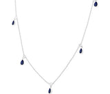 10K White Gold Pear Shape Sapphire and Round Cut Diamonds Station Necklace, 0.13 Carat TW
