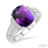 Sterling Silver 10x8 MM Cushion Shape Amethyst and Diamond Ring, 0.05Carat TW