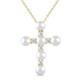10K Yellow Gold 4 MM Cross Cultured Pearl and Diamond Fashion Pendant, 0.15Carat TW