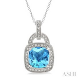 Sterling Silver 10x10 MM Cushion Shape Blue Topaz and Diamond Pendant, 0.05Carat TW
