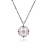 Sterling Silver Round Pearl Pendant Necklace with Beaded Frame